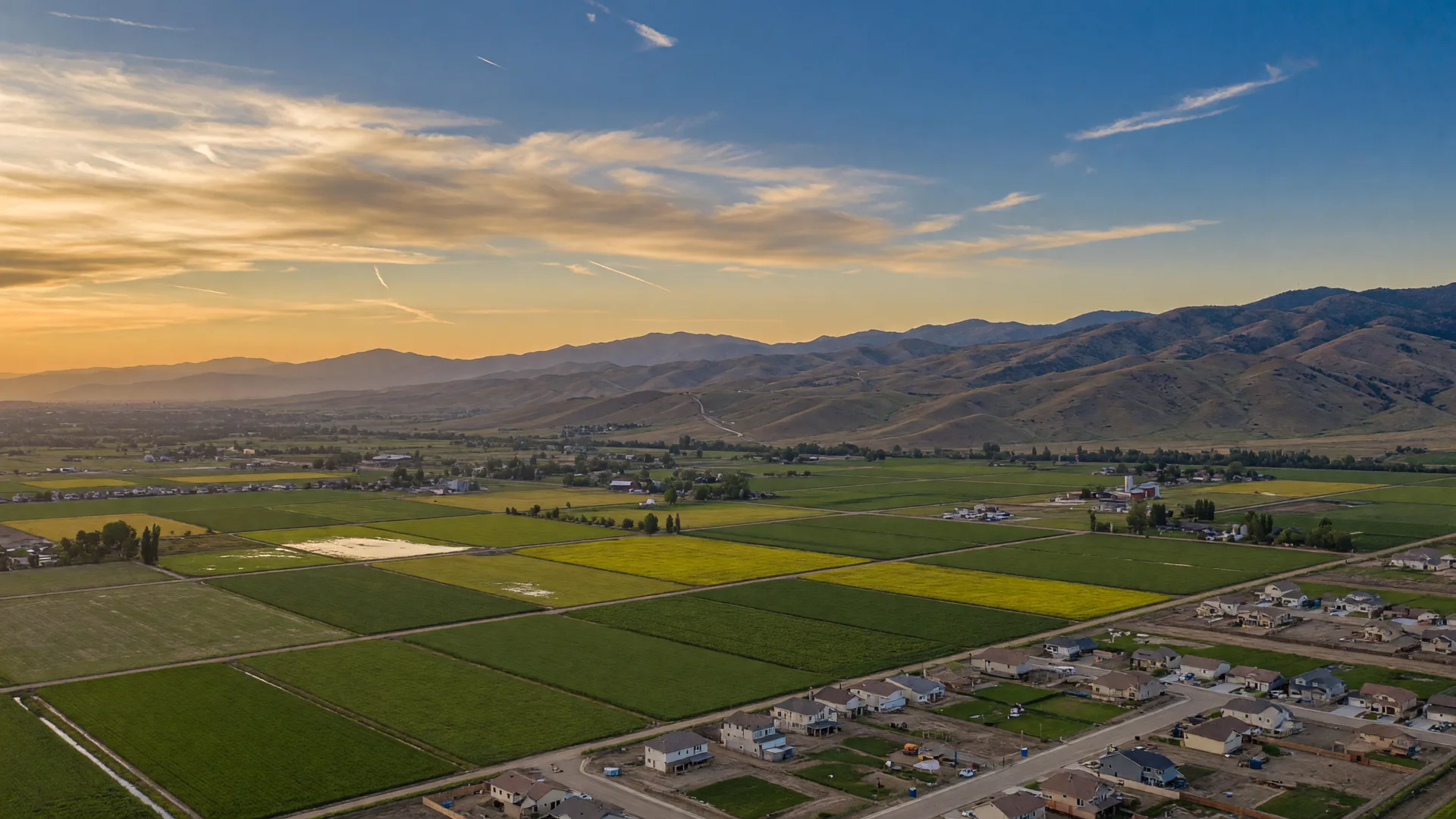 Golden-hour panorama of the Treasure Valley, with irrigated farmland, new rooftops and the Boise foothills on the horizon