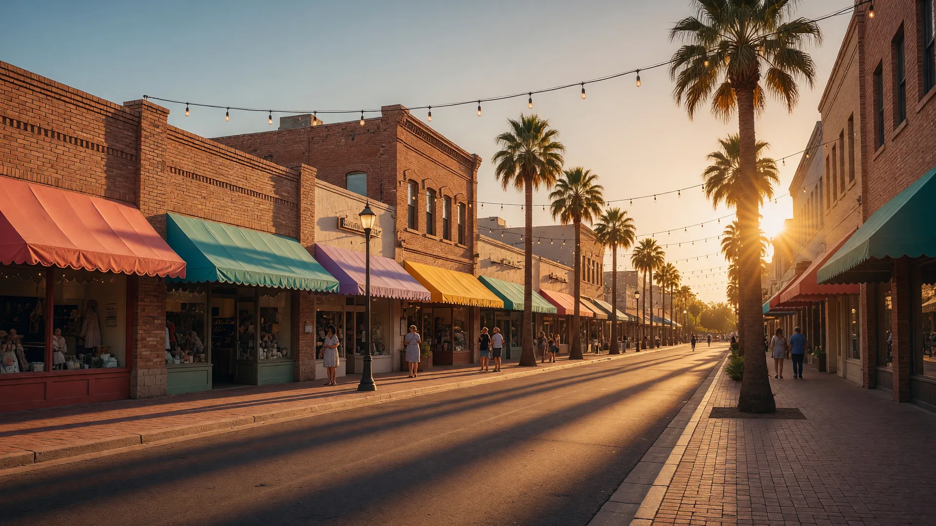 Historic downtown Chandler street with brick storefronts and palm trees at golden hour