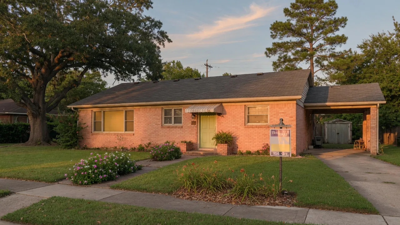A slightly dated single-story brick ranch home in a tree-lined Northeast Houston neighborhood with a For Sale sign on the front lawn at golden hour, the kind of fixer-upper a buyer might renovate