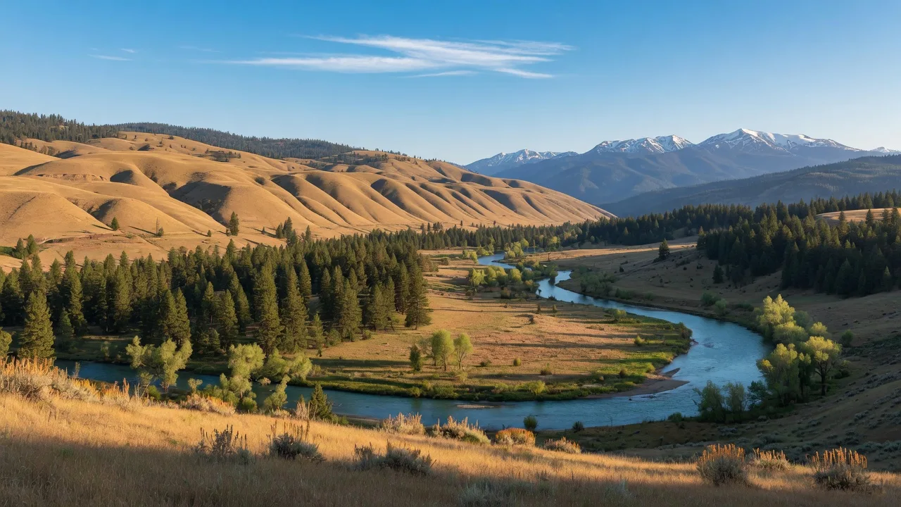 Rogue Valley landscape with rolling hills, the winding Rogue River, and distant snow-capped mountains