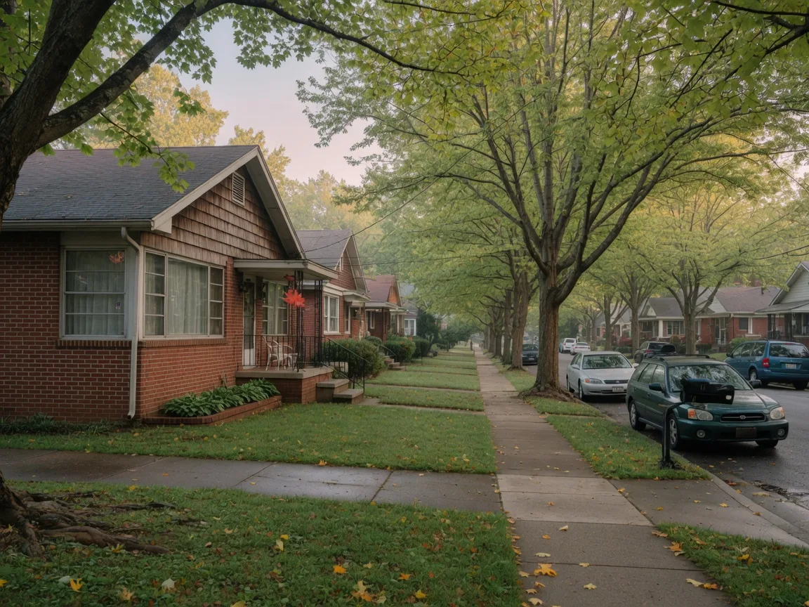 A quiet tree-lined Silver Spring residential street with a mid-century home in morning light