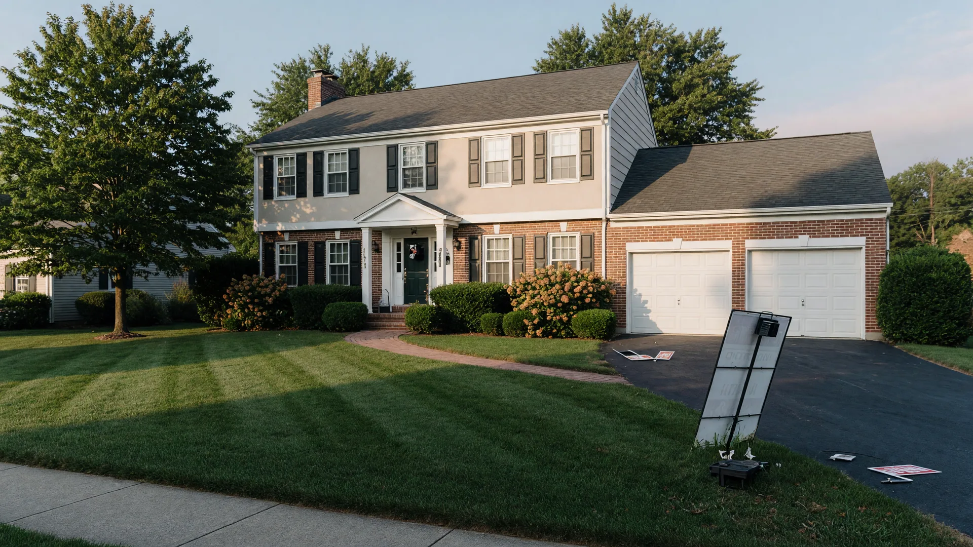 Colonial Revival home in Delaware County with a removed For Sale sign leaning against the garage and a lockbox on the front door in early morning light