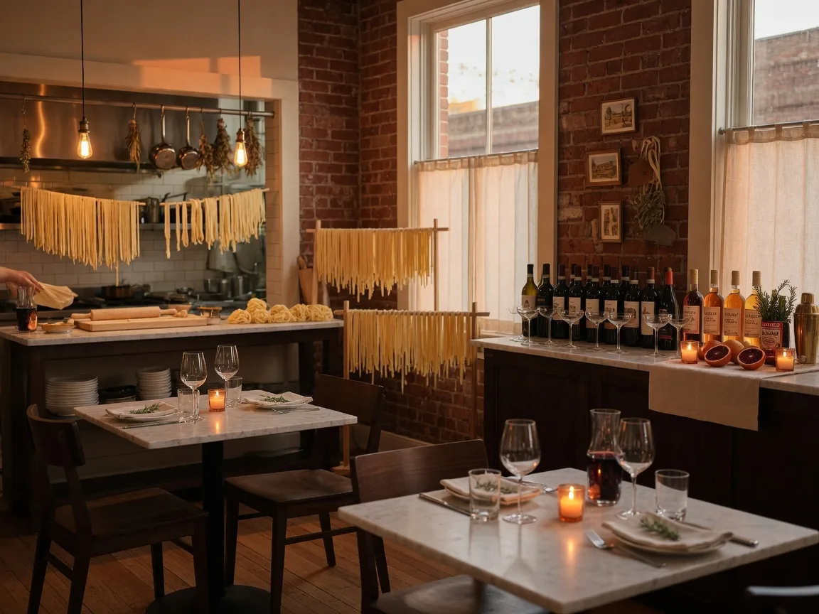 The dining room and open pasta kitchen of Pasta Masters Cucina at 69 City Square Street in Hoschton Georgia, where fresh tagliatelle is handcrafted in view of guests