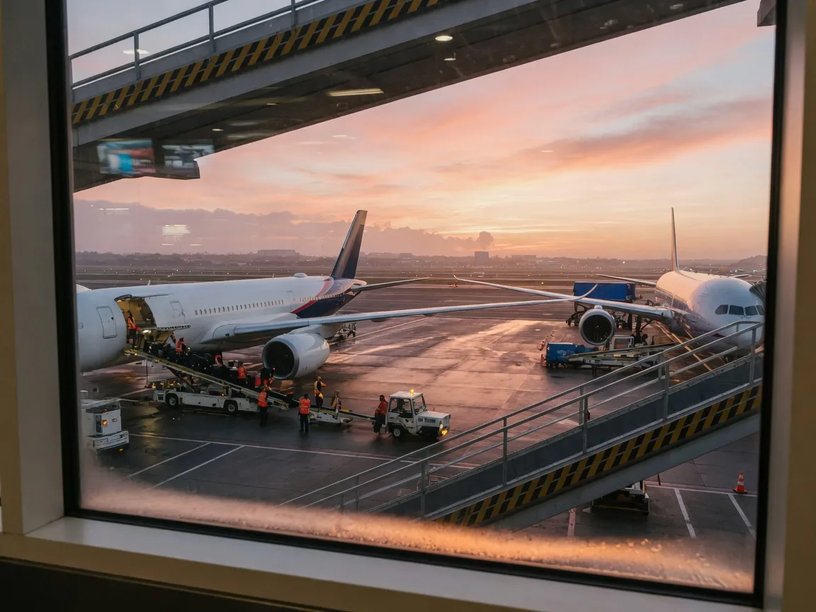 Airline on the tarmac at dawn seen through an airport gate window