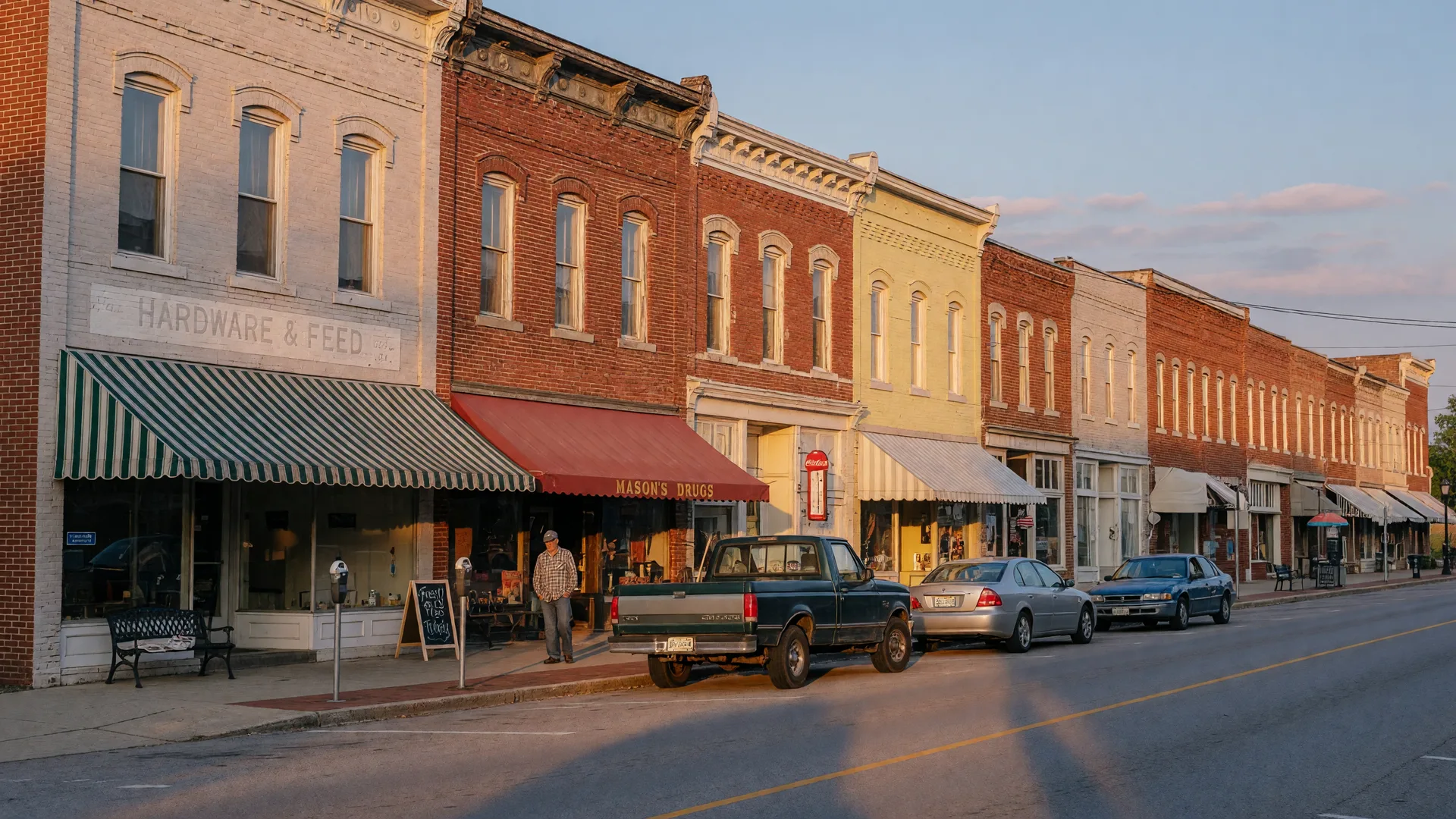 Historic brick storefronts on Smiths Grove's Main Street at golden hour