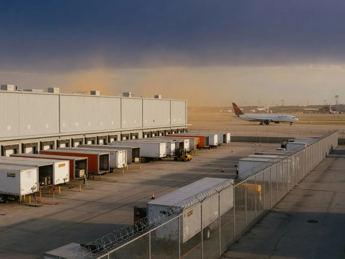 Cargo warehouse near Hartsfield-Jackson Atlanta airport with an airliner taxiing in the distance