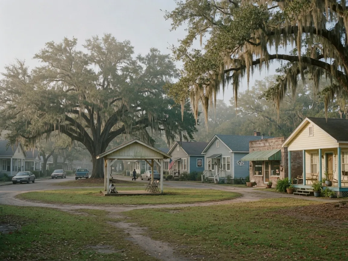 Park Circle in North Charleston with a grassy roundabout, live oaks, a wooden pavilion, and bungalows and storefronts around the edge