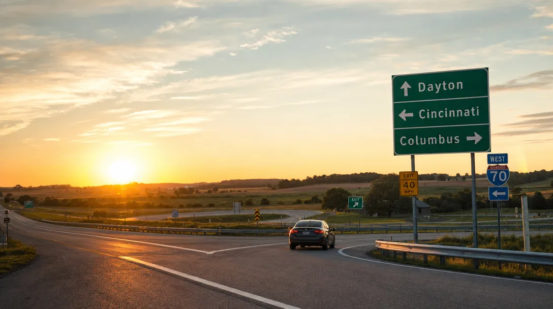 A rural Ohio highway interchange at sunrise with a car merging onto the freeway, rolling farmland in the distance, and road signs pointing toward Dayton, Cincinnati, and Columbus