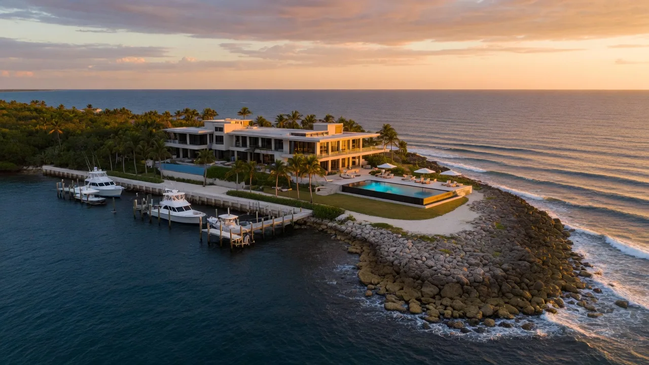 Aerial view of a luxury oceanfront estate in the Florida Keys on open Atlantic water at golden hour with a modern home, private dock and seawall, and infinity pool