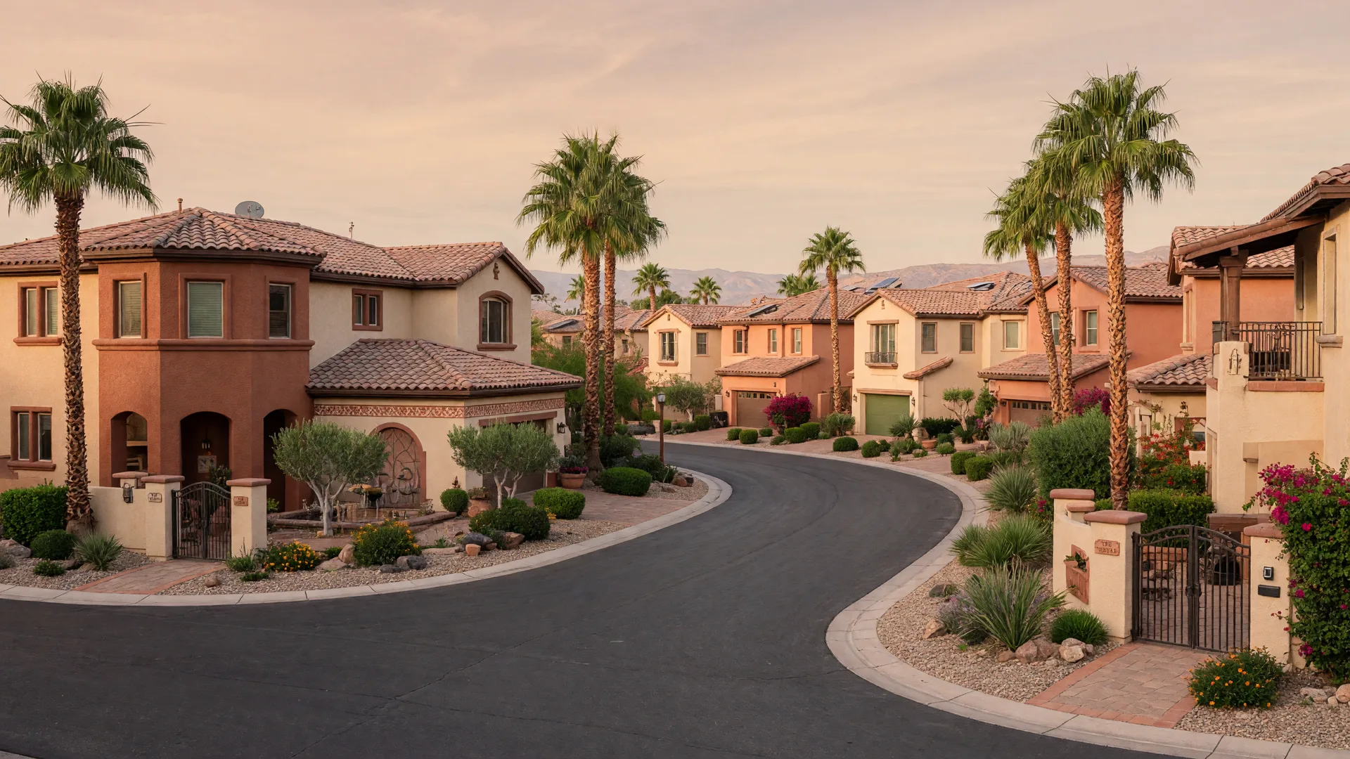 Mediterranean-inspired stucco homes with clay tile roofs and terracotta accents along a palm-lined street in a Summerlin neighborhood