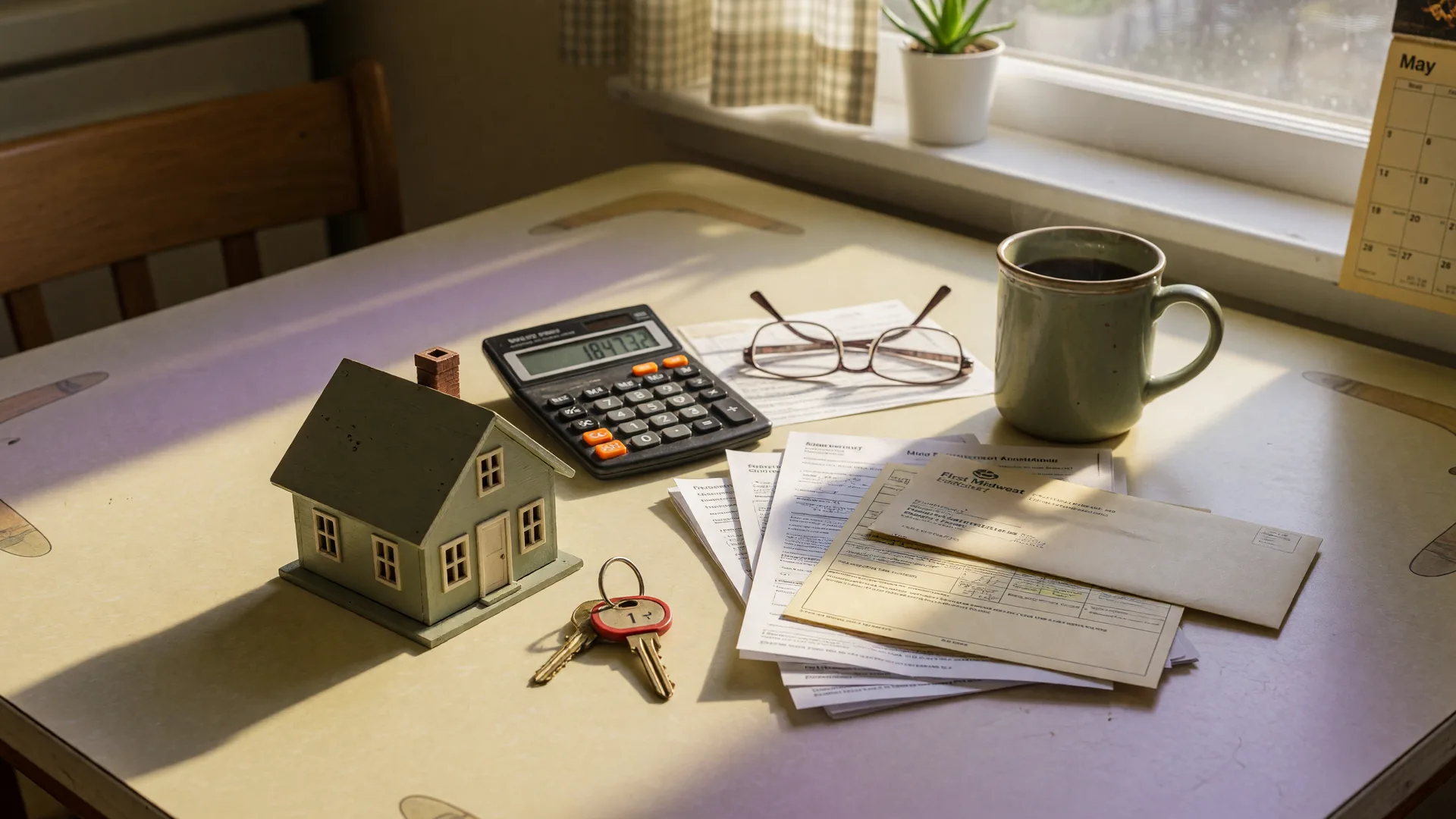 A thoughtful still-life photograph of a wooden model house, a brass house key, a calculator, a stack of financial documents, reading glasses, and a coffee mug on a sunlit kitchen table