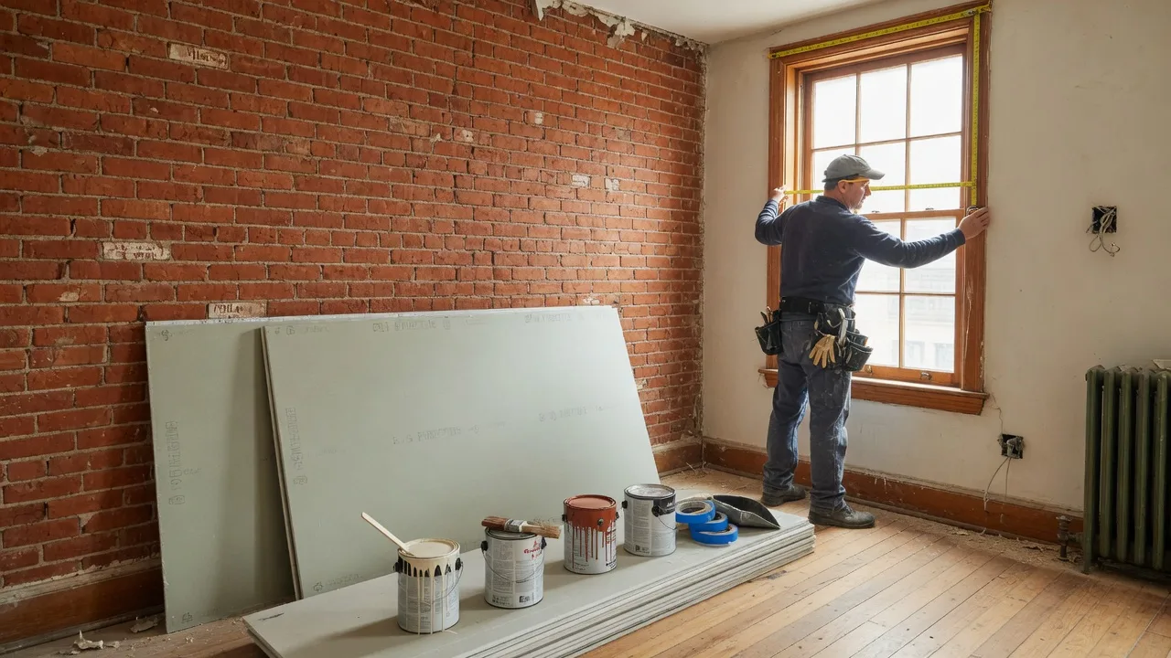 Home renovation with exposed brick and contractor measuring in a Philadelphia rowhouse