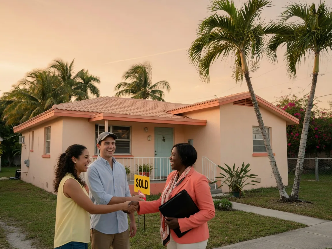 Young couple shaking hands with a real estate agent in front of a South Florida home with a sold sign and palm trees