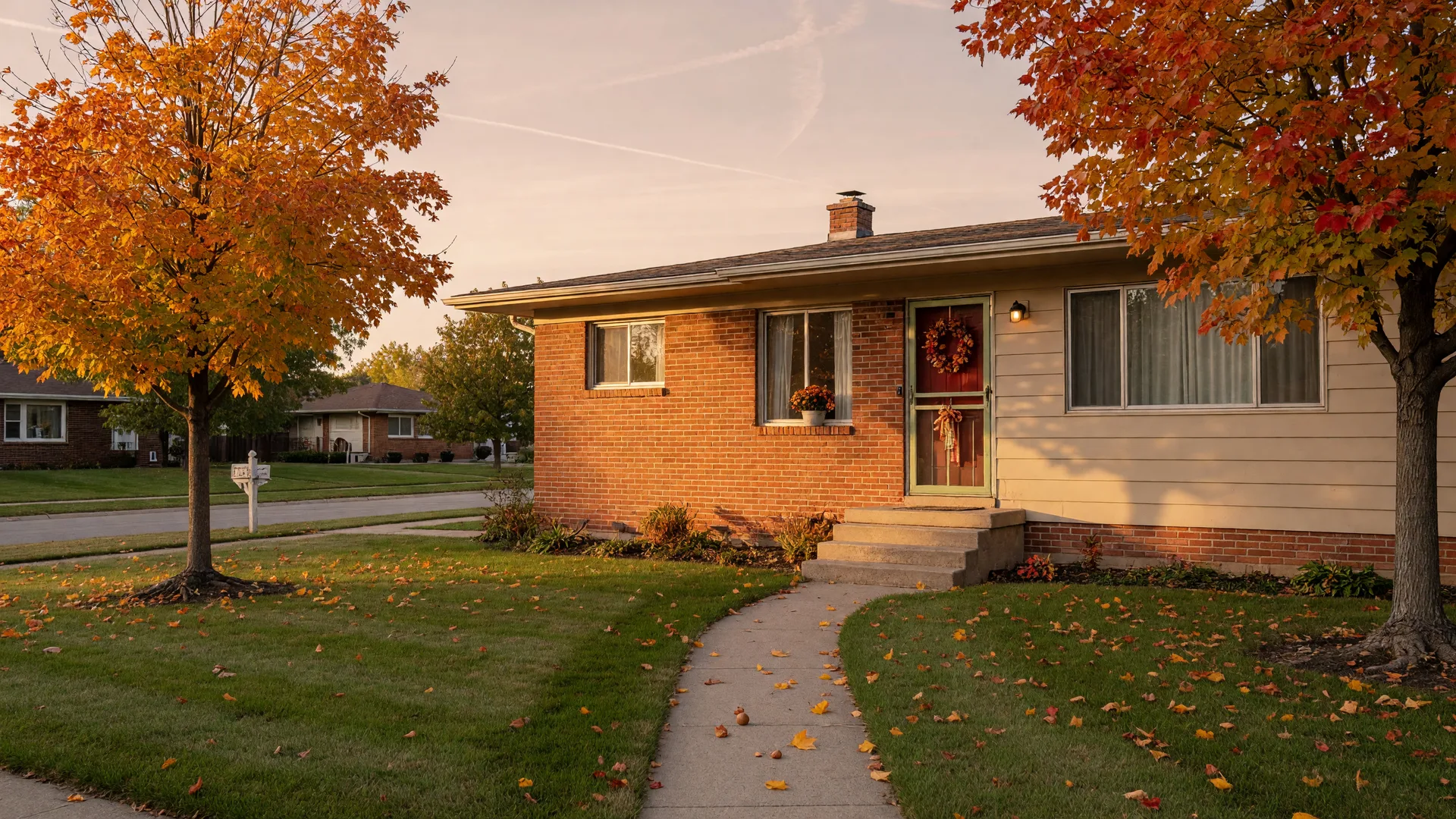 A well-kept ranch-style home in a Midwestern suburb in early autumn, warm light on the front lawn