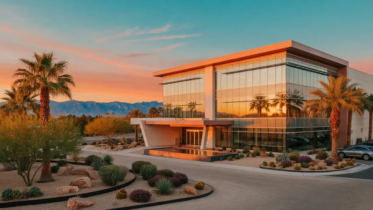 Modern medical building in Southwest Las Vegas at golden hour with desert landscaping and palm trees