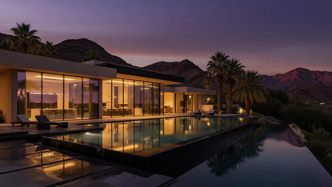 Modern luxury desert estate in the Las Vegas foothills at twilight with an infinity pool and red-rock mountain silhouettes