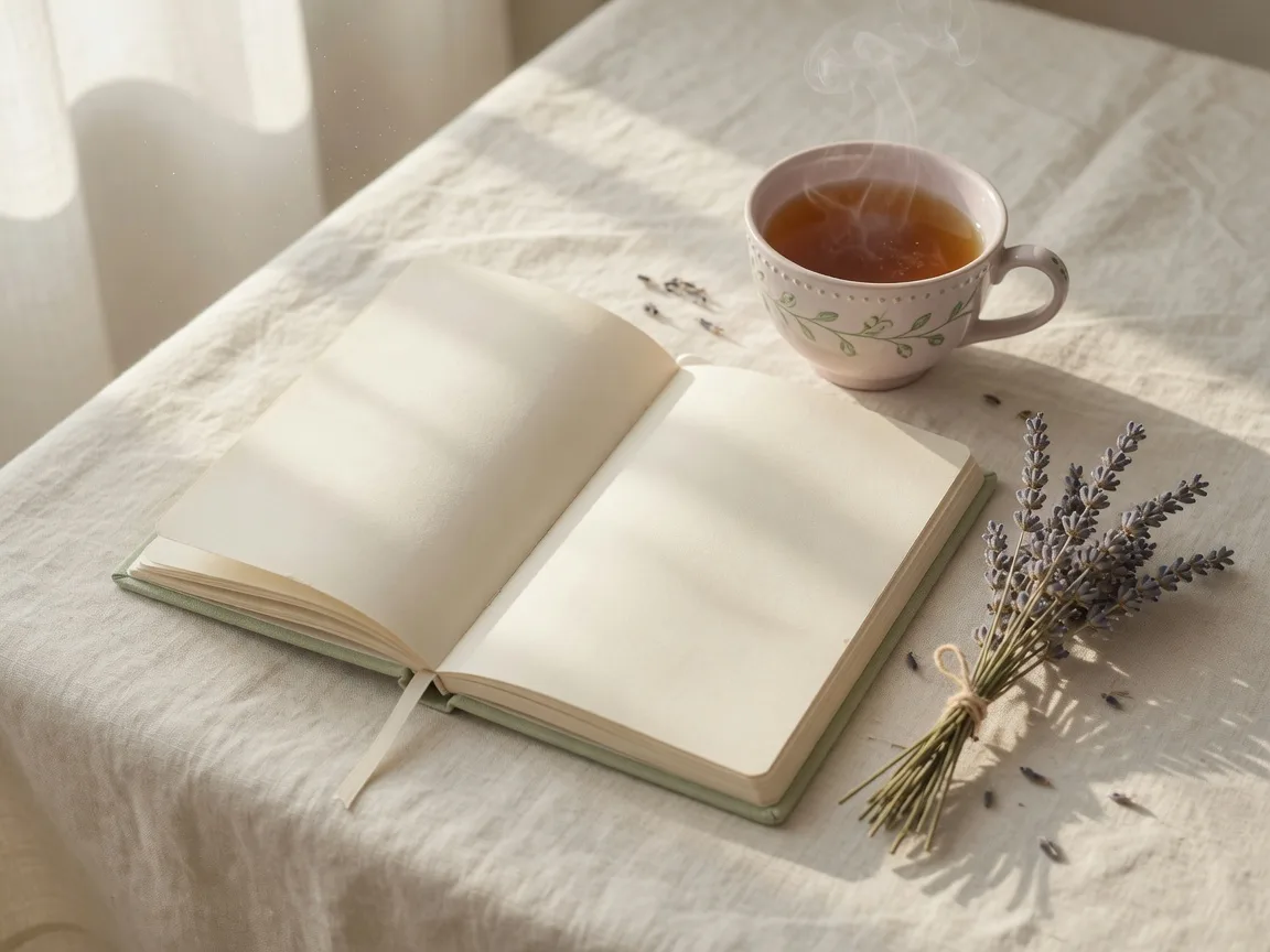 Open journal with dried lavender and a steaming cup of tea on cream linen, soft morning light