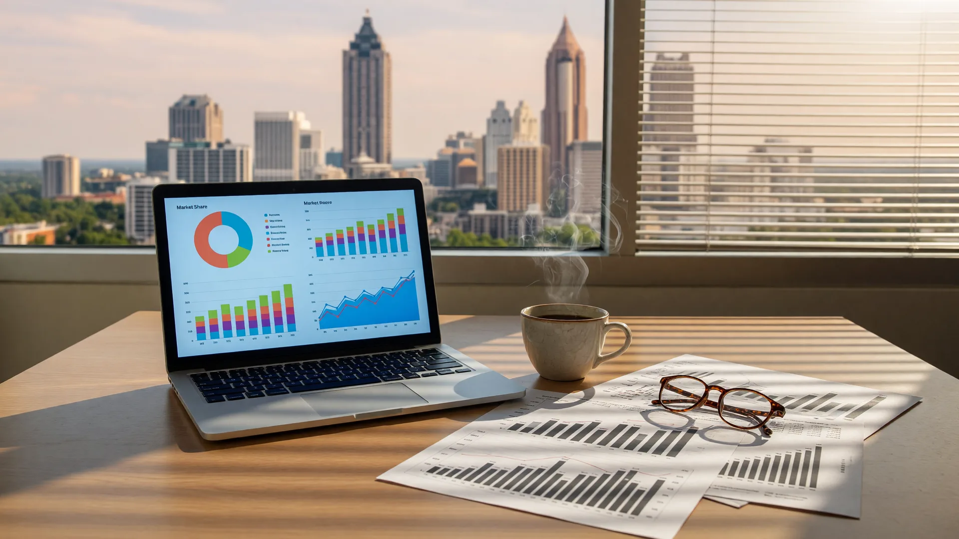 Real estate market report on a laptop with coffee and printed charts in a warm sunlit office space