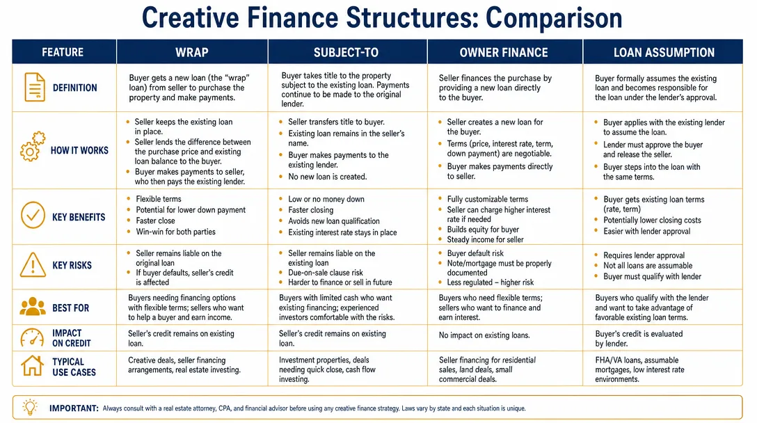 Comparison table of Wrap vs Subject-To vs Owner Finance vs Loan Assumption