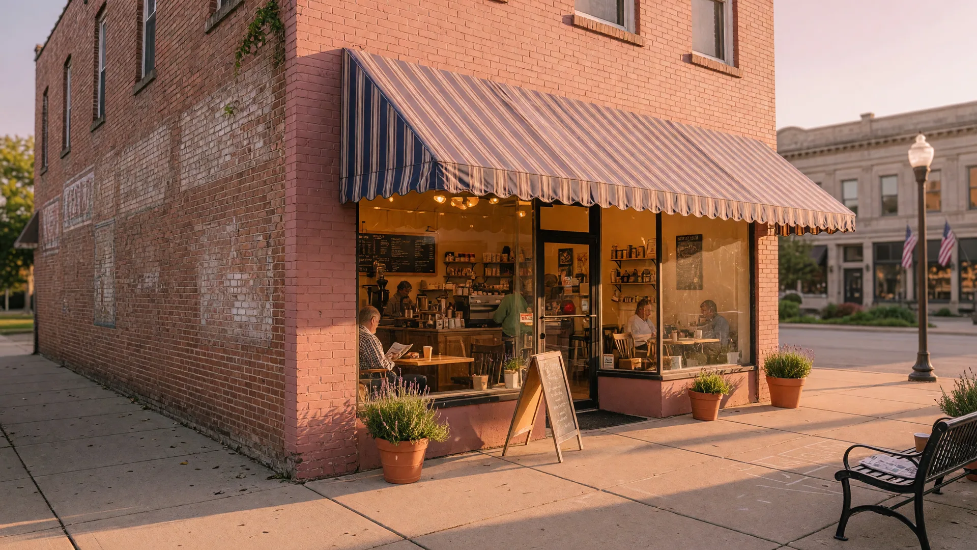 Noble Coffee & Tea Company in Noblesville Indiana — a charming brick storefront on the historic downtown square with warm glowing windows and a cozy local coffee shop atmosphere