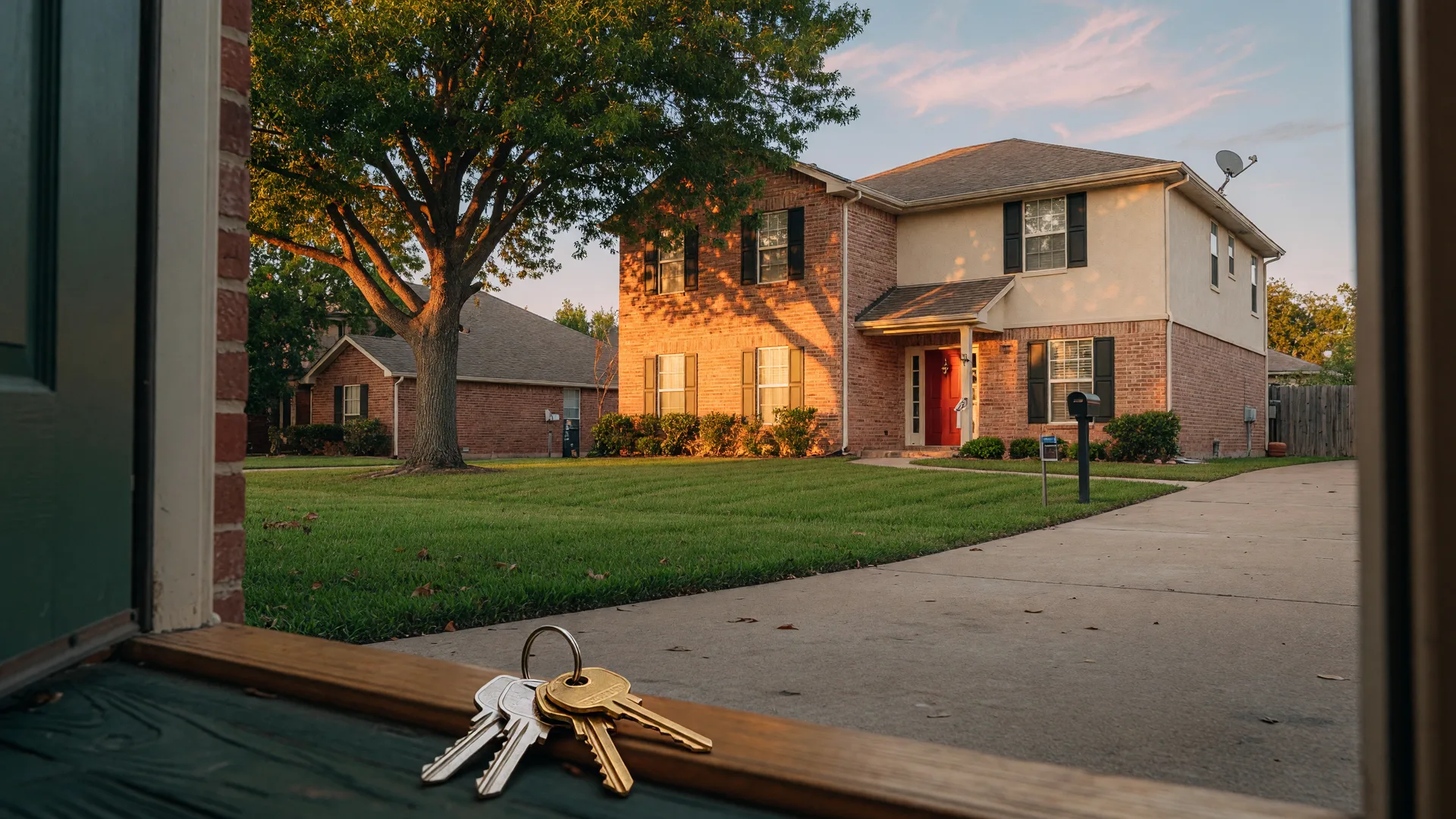 Suburban single-family rental home at golden hour with house keys on the front step, representing home equity used to acquire investment properties