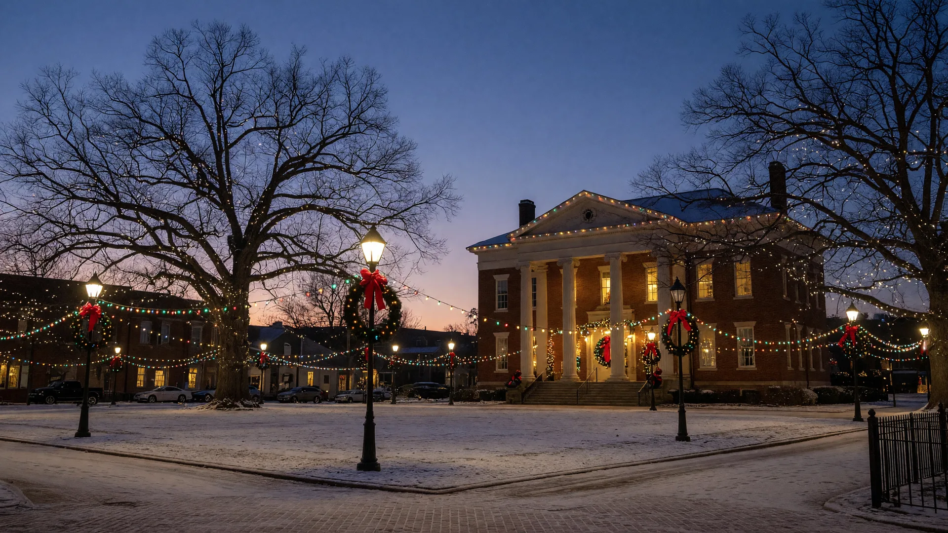 Historic Virginia courthouse square decorated with holiday lights and snow at twilight