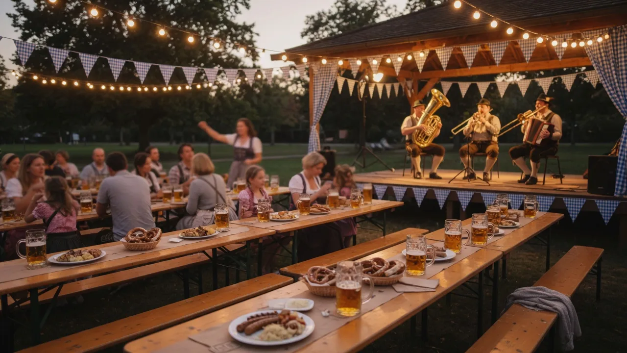 Outdoor Oktoberfest pavilion with long communal tables, Bavarian bunting, string lights, and a brass band at golden hour