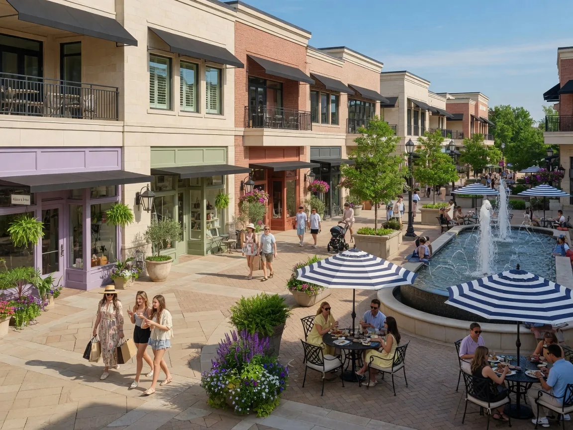 Upscale shopping and dining district in Overland Park Kansas with boutique storefronts, patio seating, and fountains