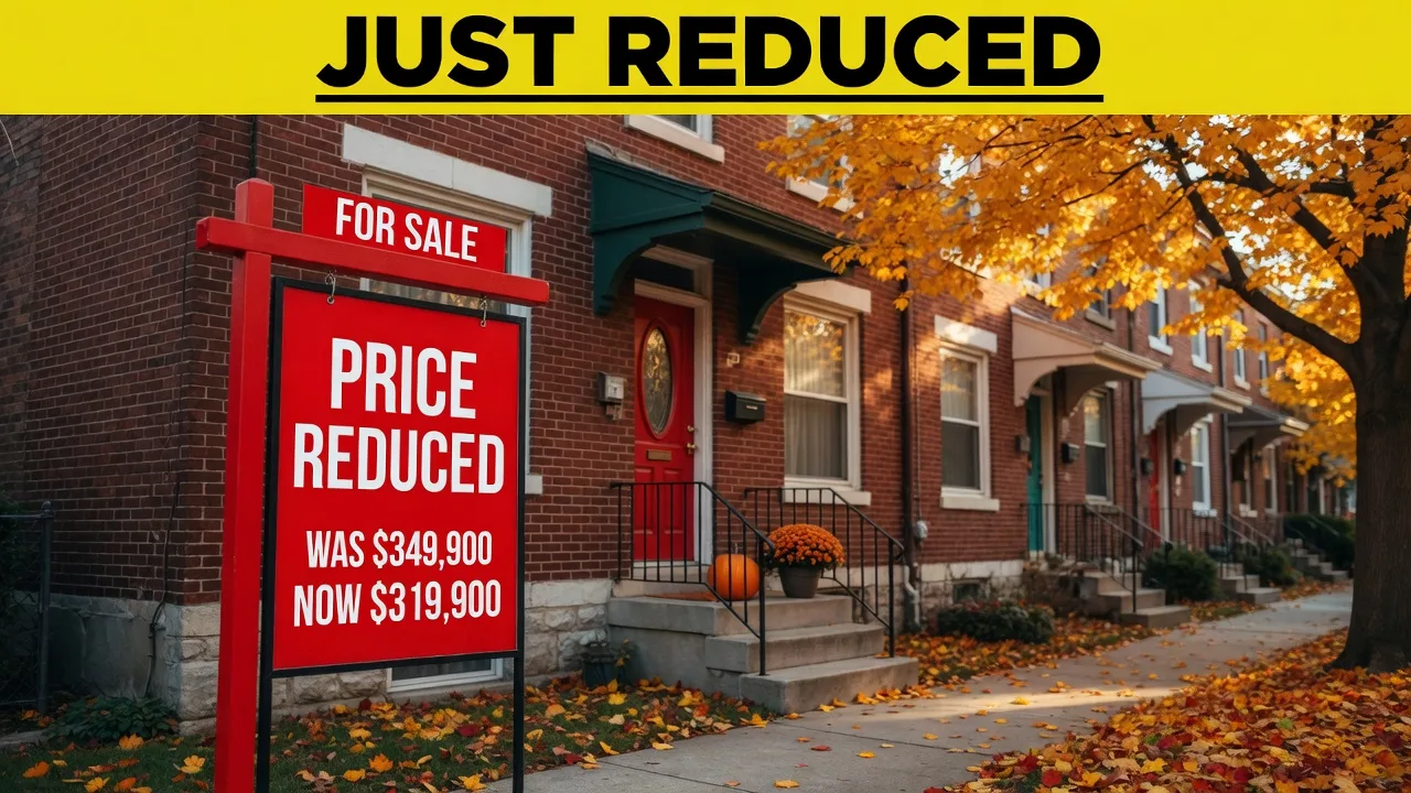 Price Reduced for sale sign in front of a Philadelphia rowhome with autumn leaves
