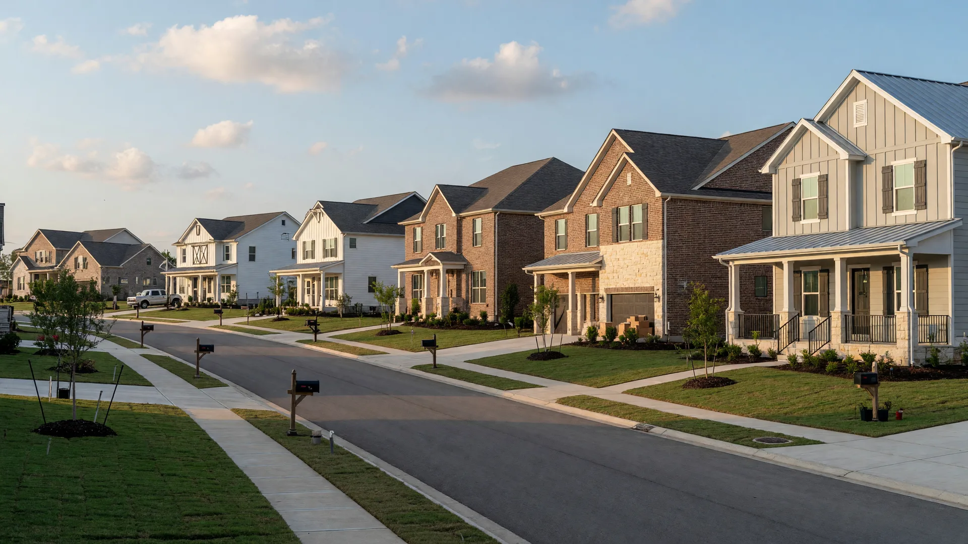 New-construction homes along a curving street in The Preserve community area, Justin, Texas