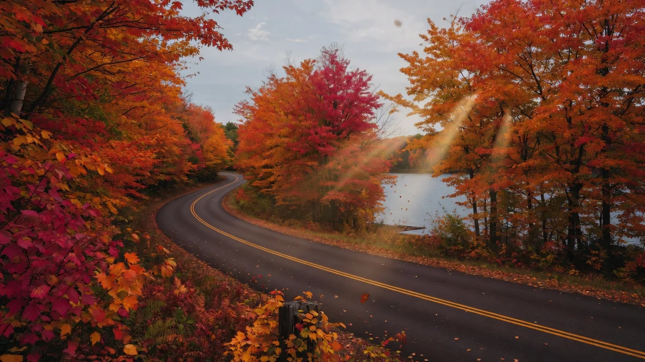 Brilliant orange and red autumn foliage along the Paul Bunyan Scenic Byway in Minnesota with a lake visible through the trees
