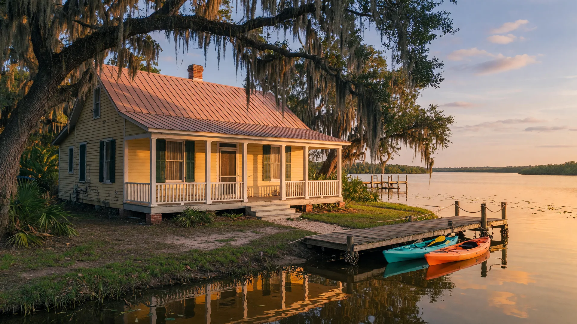 A classic early-1900s Florida frame home with a tin roof and covered front porch on a calm Tarpon Springs bayou at golden hour, live oaks draped in Spanish moss, with a private wooden dock and moored kayaks on the water