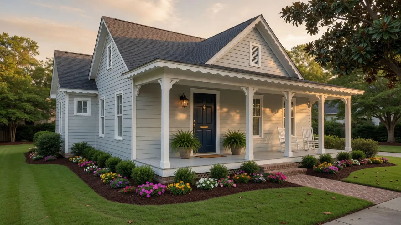 Charming Southern home with navy front door, manicured landscaping, freshly mulched flower beds, and welcoming front porch