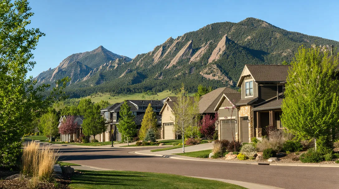 Modern family homes in the Renaissance neighborhood of south Boulder with xeriscaped yards and Flatirons mountain backdrop