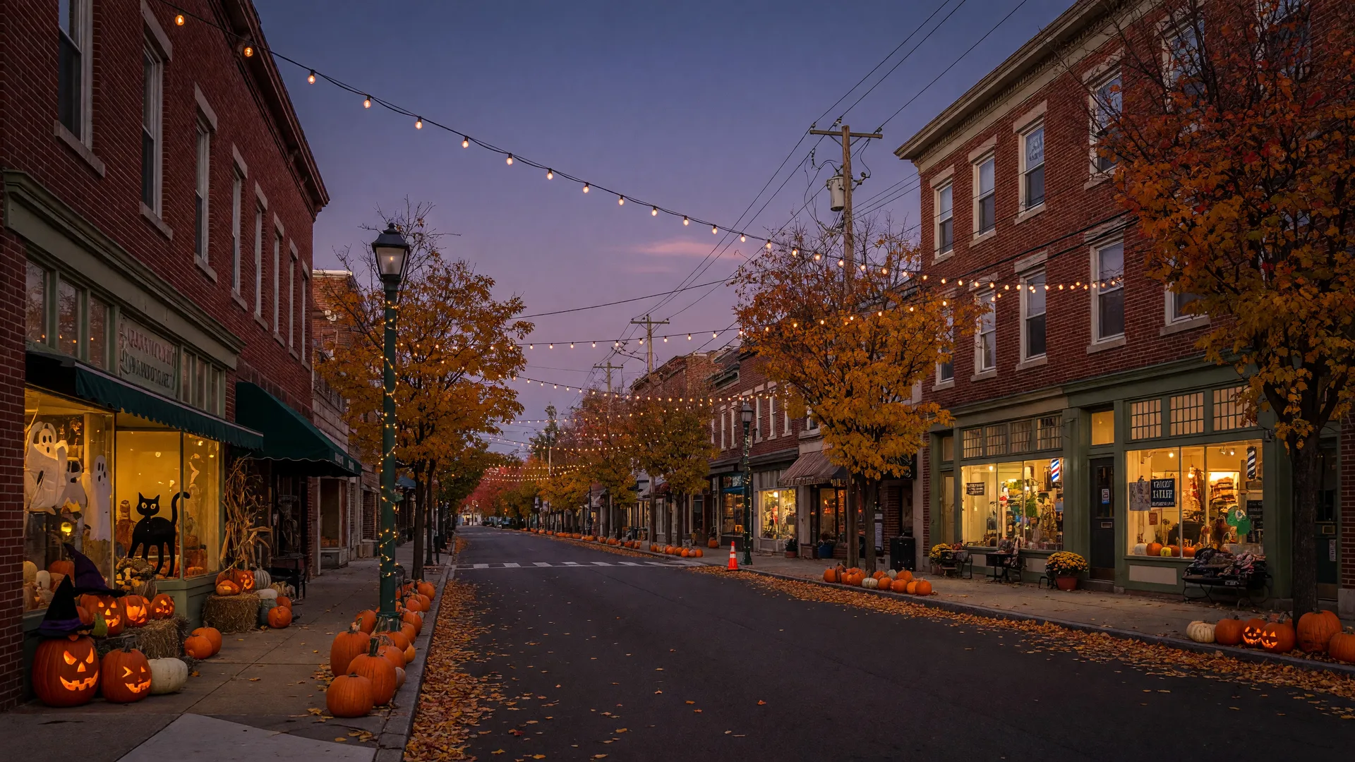 Bloomfield Center's main street at dusk in late October with jack-o'-lanterns on the sidewalk, string lights overhead, and warm glowing storefronts