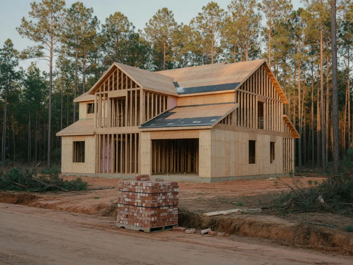 A two-story frame house under construction surrounded by longleaf pines