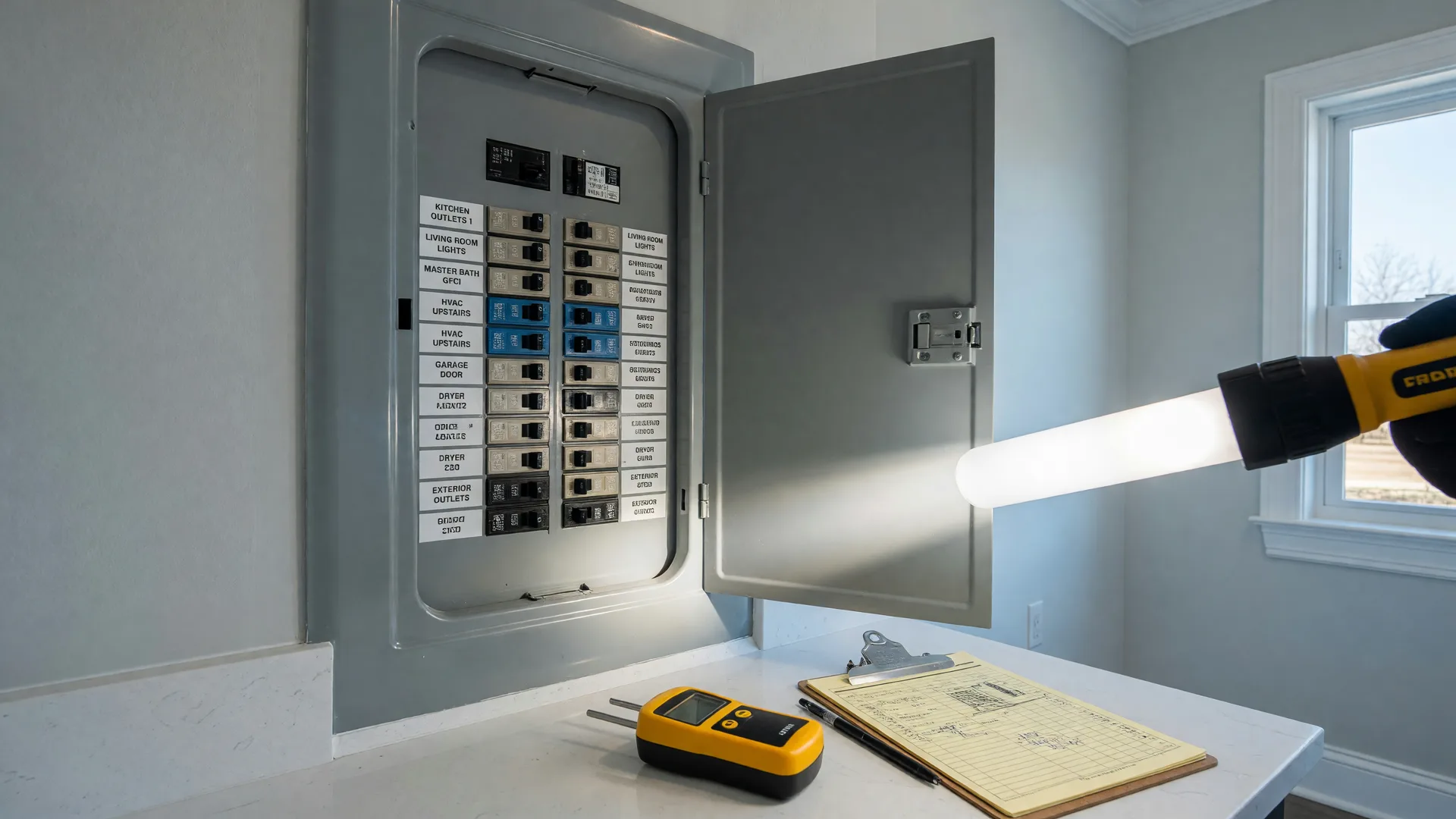Home inspector's flashlight lighting the open electrical panel of a coastal Virginia home, with a moisture meter and clipboard nearby