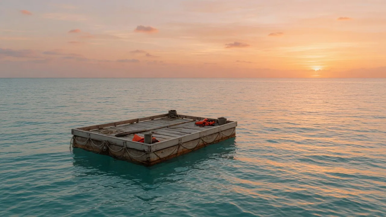 A single wooden life raft floating peacefully on calm turquoise ocean water at golden hour, with soft warm light reflecting across gentle ripples