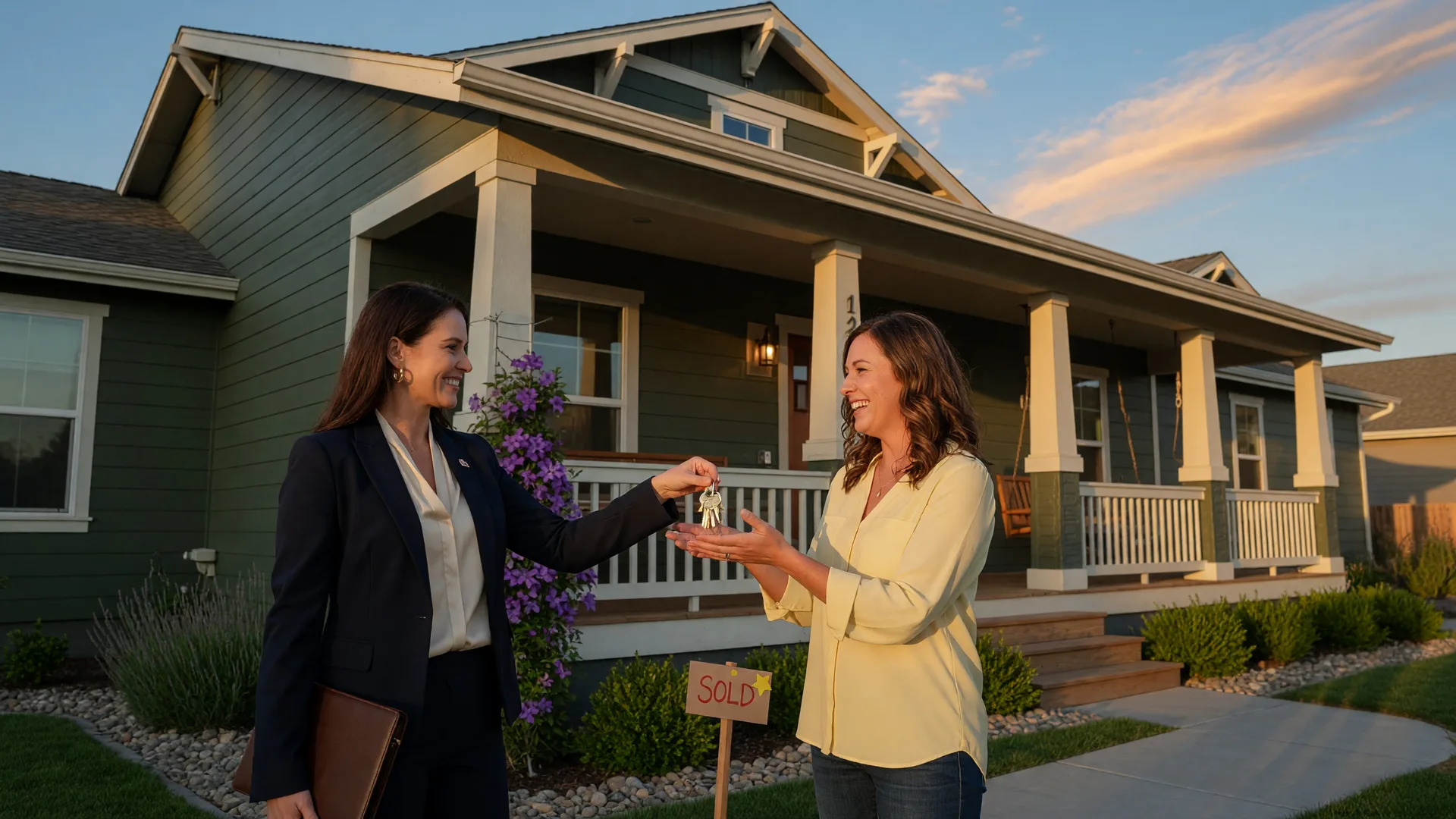 A real estate agent handing house keys to a smiling homeowner on the front porch of their new home