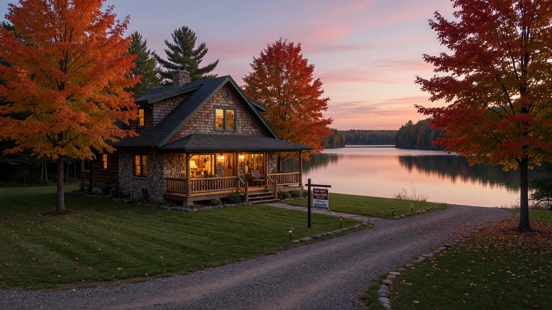 Warmly lit Minnesota lake cabin at dusk in early October with a for-sale sign by the driveway and a glass-calm lake reflecting the fading sky