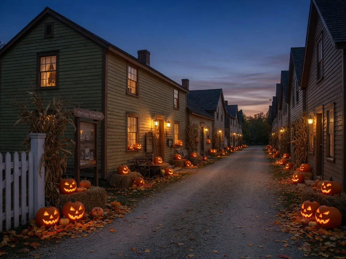 A gravel lane between restored heritage buildings at a museum village at dusk, with carved jack-o'-lanterns glowing on doorsteps, straw bales by the gate, warm lantern light in the windows and autumn leaves on the ground