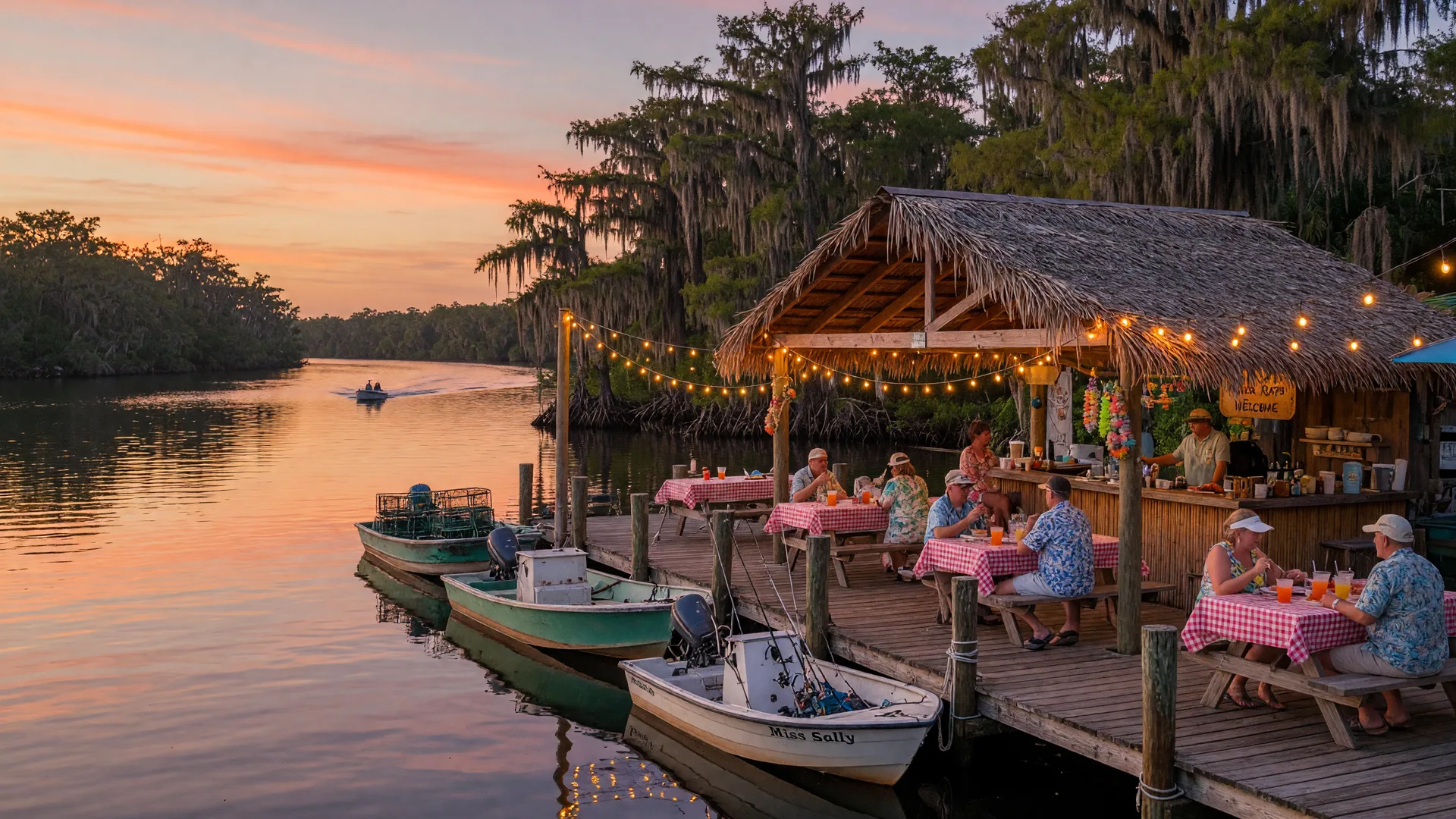 A waterfront tiki bar with string lights and moored fishing boats on the Pithlachascotee River in Port Richey at golden hour