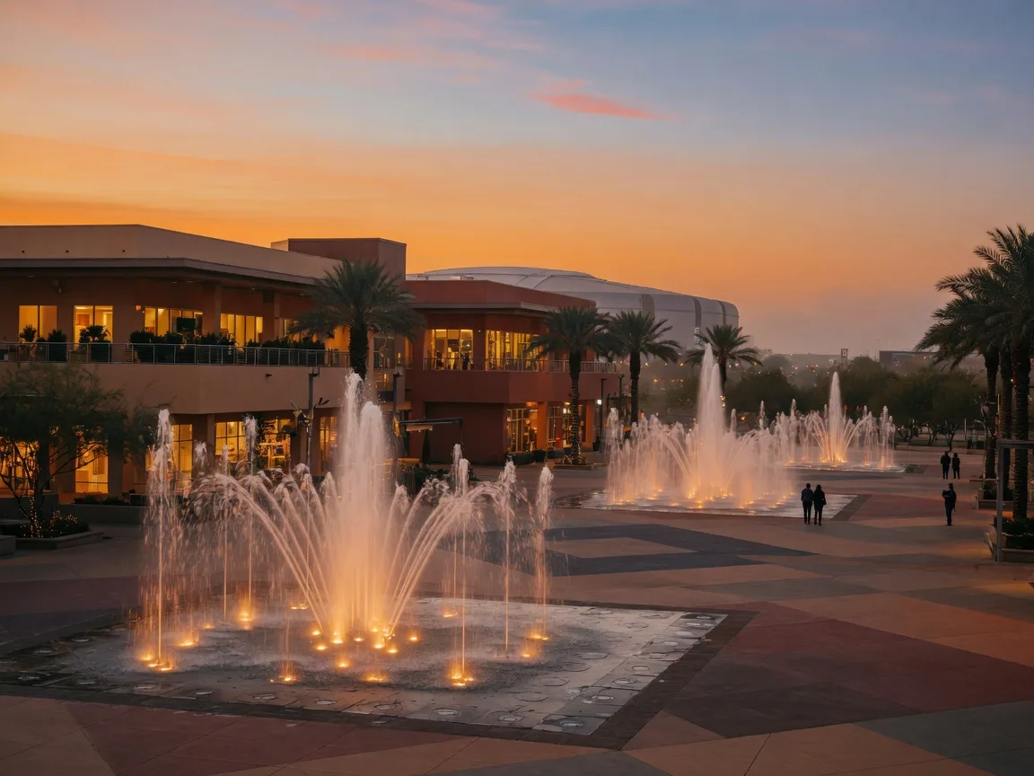 The glowing fountain plaza at Westgate Entertainment District in Glendale at dusk