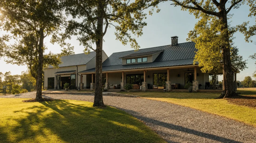 Modern barndominium in the Georgia countryside at golden hour with metal roof, covered porch, and mature oak trees.