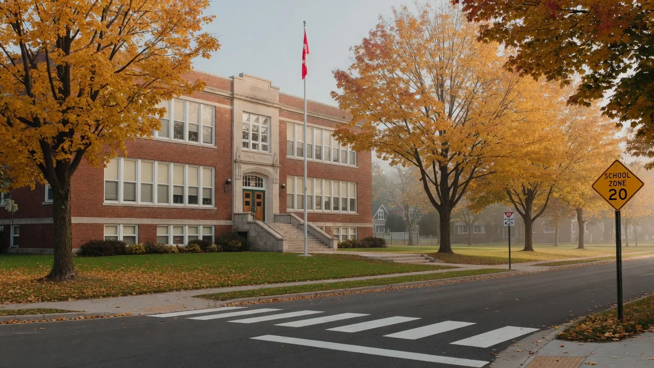 A tree-lined street leading to a school building in a Durham Region community on an autumn morning
