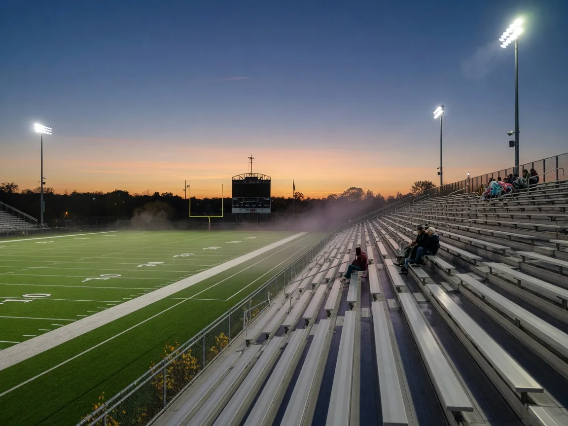 Zephyr Stadium field lights glowing over the turf on a late-September evening