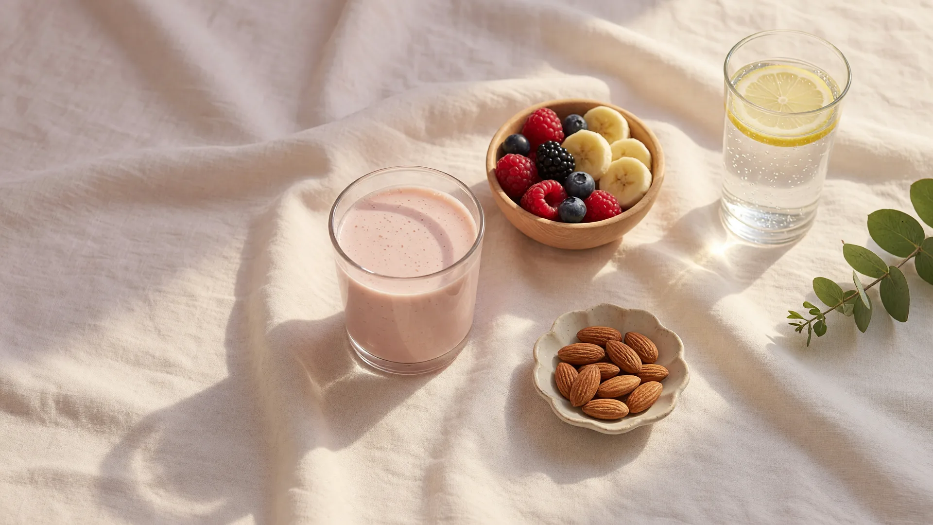 A soft flat-lay of a blush pink protein shake, a bowl of berries and banana, almonds, and lemon water on cream linen