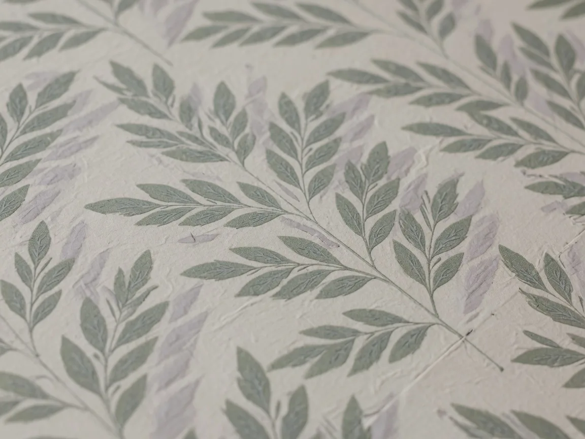Soft botanical leaf-pattern wallpaper texture in sage and cream tones