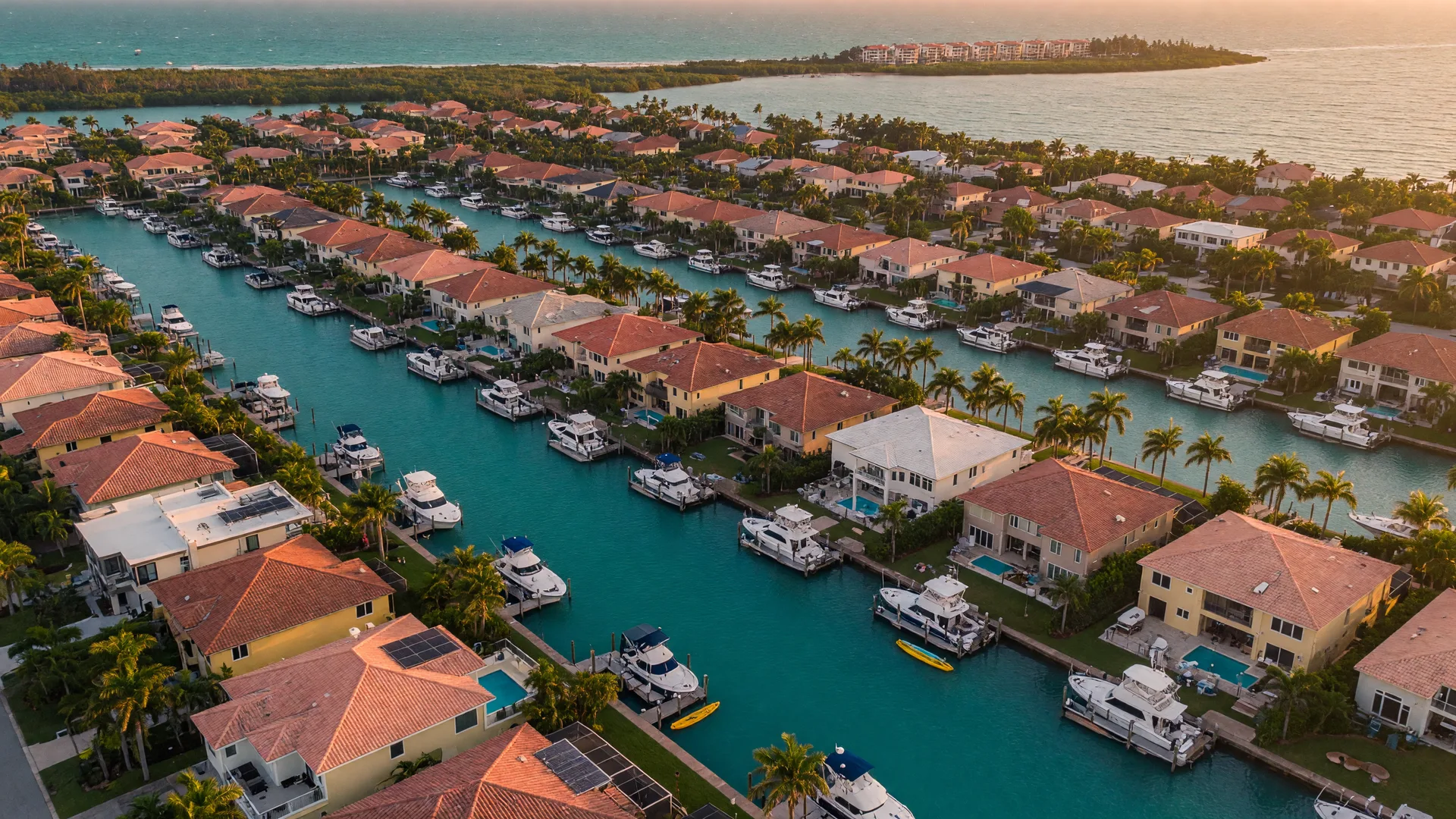 Aerial view of Southwest Florida waterfront investment properties at golden hour