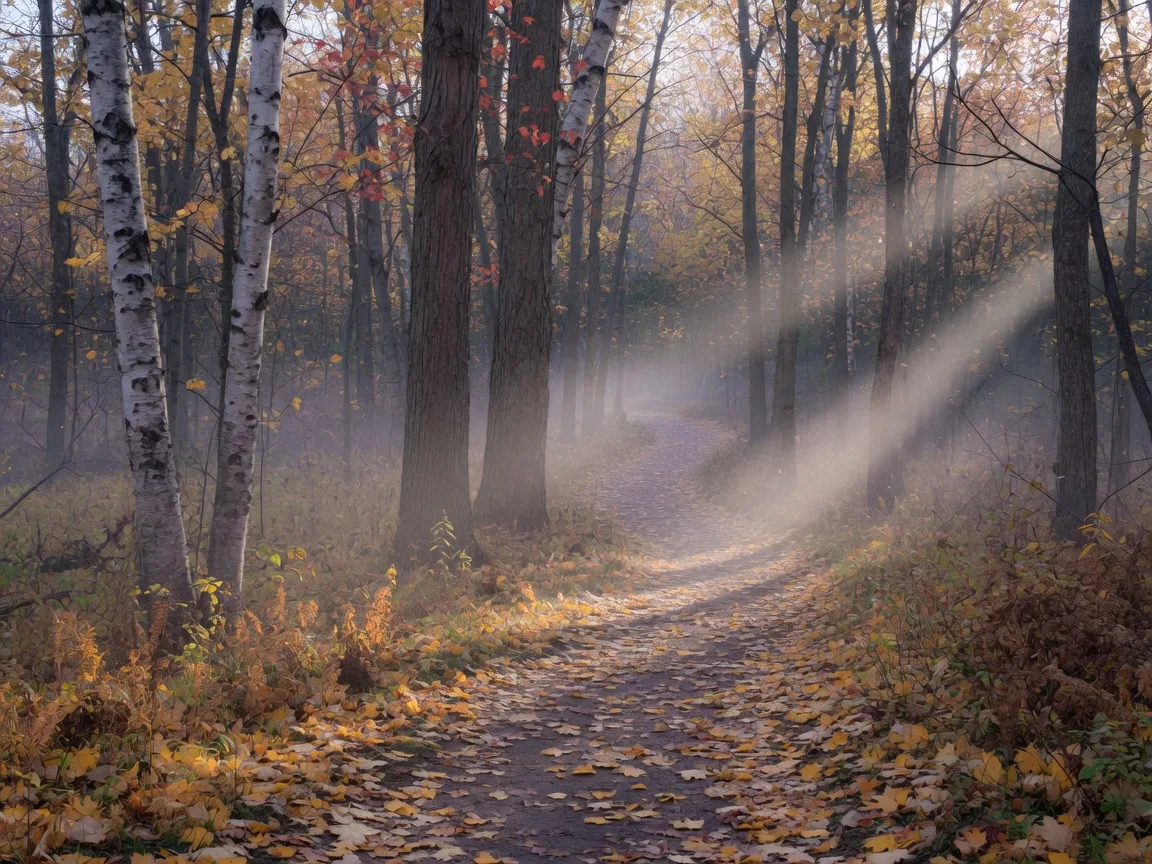 A woodland hiking trail carpeted with fallen golden maple leaves winding through a mature Ontario forest on a misty autumn morning
